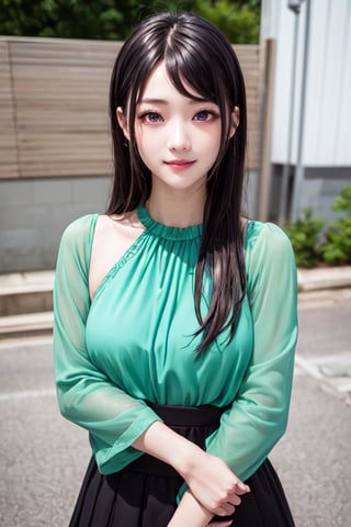 masterpiece, best quality, high definition, 
Kaori Houjou, solo, (purple eyes:1.1), (black hair:1.2), long hair, (green blouse, green knee-length skirt), (elegant, feminine, sophisticated), (cute girl), gorgeous face, gorgeous eyes, detailed face, detailed hands, smile, photorealistic, (asian face:1.2)