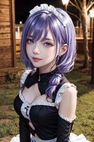 outdoors, night, forrest,1girl, Luna, medium breasts, looking at the viewer, blue eyes, purple hair, maid_costume, (masterpiece:1.2), Best quality, a high resolution, unity 8k wallpaper, (illustration:0.8), (Beautiful detailed eyes:1.6), very detailed face, athletic figure, pronounced abs, maid