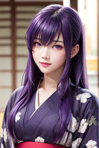 masterpiece, best quality, Busujima Saeko, high definition, solo, (purple eyes:1.3), (purple hair:1.1), (Simply Straight Pony Hair:1.2), (hime kimono1.2), (formal kimono:1.2), (tailored kimono and yukata), (elegant, feminine, sophisticated), (beautiful girl), gorgeous face, gorgeous eyes, detailed face, detailed hands, smile, photorealistic, (asian face:1.2), ,busujima_saeko