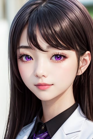 masterpiece, best quality, high definition, 
Kaori Houjou, solo, (purple eyes:1.1), (black hair:1.2), long hair, school_uniform, white jacket, black shirt, (elegant, feminine, sophisticated), (cute girl), gorgeous face, gorgeous eyes, detailed face, detailed hands, smile, photorealistic, (asian face:1.2)