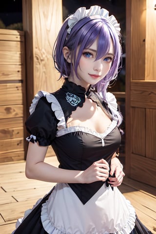 outdoors, night, forrest,1girl, Luna, medium breasts, looking at the viewer, blue eyes, purple hair, maid_costume, (masterpiece:1.2), Best quality, a high resolution, unity 8k wallpaper, (illustration:0.8), (Beautiful detailed eyes:1.6), very detailed face, athletic figure, pronounced abs, maid