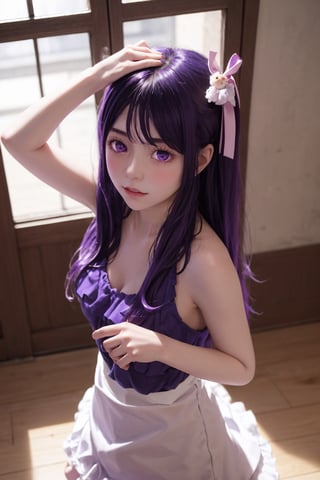 masterpiece, best quality, Hoshino Ai, (purple eyes:1.1), (purple hair:1.2), Hoshino Ai, long hair, dance, from above, looking at viewer, blush, indoors, hoshino ai,1girl