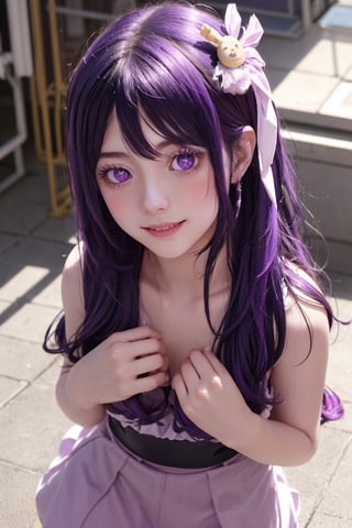 masterpiece, best quality, Hoshino Ai, (purple eyes:1.1), (purple hair:1.2), Hoshino Ai, long hair, smile, joy, music scene, dance, from above, looking at viewer, richly decorated outfit, hoshino ai,1girl