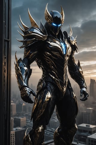 A futuristic super hero stands tall, full-body portrait in polished chrome armor with intricate gold and burgundy accents. Glowing blue eyes pierce through the darkness, illuminating a cityscape at dusk. Craig Mullins and H.R. Giger's character design brings forth a sense of otherworldly strength. Realistic digital painting captures every detail, from the armored suit to the subject's determined pose. Cinematic lighting highlights the hero's figure against a misty blue-gray sky, as if suspended in mid-air. A 4K resolution masterpiece, this portrait embodies the essence of futuristic super heroism, (boiling black wood material) 