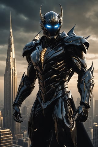 A futuristic super hero stands tall, full-body portrait in polished chrome armor with intricate gold and burgundy accents. Glowing blue eyes pierce through the darkness, illuminating a cityscape at dusk. Craig Mullins and H.R. Giger's character design brings forth a sense of otherworldly strength. Realistic digital painting captures every detail, from the armored suit to the subject's determined pose. Cinematic lighting highlights the hero's figure against a misty blue-gray sky, as if suspended in mid-air. A 4K resolution masterpiece, this portrait embodies the essence of futuristic super heroism, boiling black wood material absorbs light