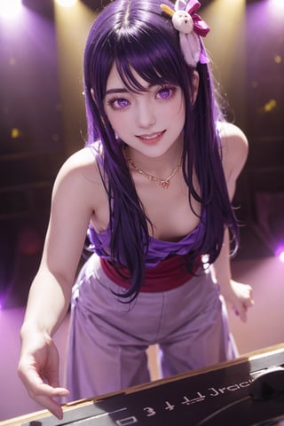 masterpiece, best quality, Hoshino Ai, (purple eyes:1.1), (purple hair:1.2), Hoshino Ai, long hair, smile, joy, music scene, singer performing on stage, dance, from above, looking at viewer, richly decorated outfit, luxurious outfit, hoshino ai,1girl