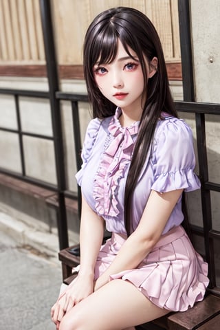 masterpiece, best quality, high definition, 
Kaori Houjou, solo, (purple eyes:1.1), (black hair:1.2), long hair, (pink fluffy blouse and knee-length skirt with ruffles and frills), (elegant, feminine, sophisticated), (cute girl), gorgeous face, gorgeous eyes, detailed face, detailed hands, angry face, photorealistic, (asian face:1.2).