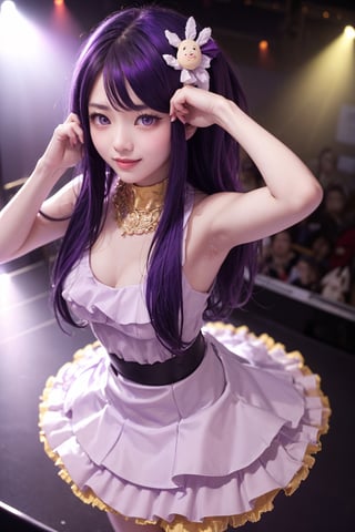 masterpiece, best quality, Hoshino Ai, (purple eyes:1.1), (purple hair:1.2), Hoshino Ai, long hair, smile, joy, music scene, singer performing on stage, dance, from above, looking at viewer, richly decorated outfit, luxurious outfit, hoshino ai,1girl