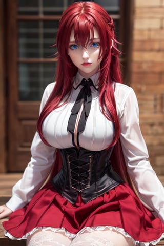 girl, long hair, (blue eyes:1.2), (voluminous red hair:1.2), masterpiece, beautiful detailed eyes, beautiful detailed lips, large breasts, rias gremory, red skirt, white shirt, black corset, (beautiful detailed long red hair:1.2), smile