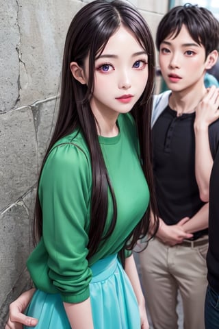 masterpiece, best quality, high definition, 
Kaori Houjou, solo, (purple eyes:1.1), (black hair:1.2), long hair, (green blouse, green knee-length skirt), (elegant, feminine, sophisticated), (cute girl), gorgeous face, gorgeous eyes, detailed face, detailed hands, smile, photorealistic, (asian face:1.2).
the girl was pinned against the wall and surrounded by 3 boys, harassment, harassment,1girl and 3boy