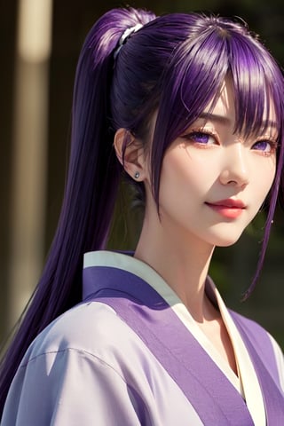 masterpiece, best quality, Busujima Saeko, high definition, solo, (purple eyes:1.3), (purple hair:1.1), (Simply Straight Pony Hair:1.2), (hime kimono1.2), (formal kimono:1.2), (tailored kimono and yukata), (elegant, feminine, sophisticated), (beautiful girl), gorgeous face, gorgeous eyes, detailed face, detailed hands, smile, photorealistic, (asian face:1.2), 