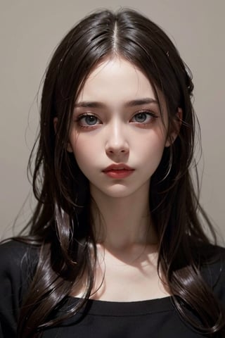 a 20 yo woman, long hair, high contrast, (direct lighting, natural skin texture,  hyperrealism,  soft light,  sharp), chromatic_background, simple background, (((looking_at_viewer,  pov_eye_contact,  looking_at_camera,  headshot,  head_portrait,  headshot_portrait,  facing front))), big lips, looking_at_viewer,  pov_eye_contact,  looking_at_camera,  headshot,  head_portrait,  headshot_portrait,  facing front, Detailedface, Detailedeyes, perfecteyes,