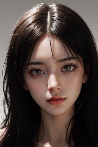 a 20 yo woman,long hair,dark theme, soothing tones, muted colors, high contrast, (natural skin texture, hyperrealism, soft light, sharp),chromatic_background,simple background,(((looking_at_viewer,  pov_eye_contact,  looking_at_camera,  headshot,  head_portrait,  headshot_portrait,  facing front))),big lips