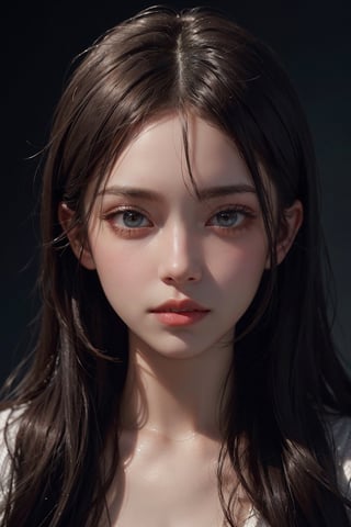 a 20 yo woman,long hair,dark theme, soothing tones, muted colors, high contrast, (natural skin texture, hyperrealism, soft light, sharp),simple background, (facing front), ((looking_at_viewer, pov_eye_contact, looking_at_camera, headshot, head_portrait, headshot_portrait))