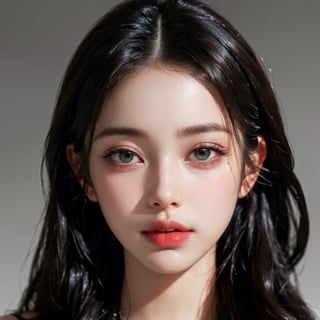 a 20 yo woman,long hair,dark theme, soothing tones, muted colors, high contrast, (natural skin texture, hyperrealism, soft light, sharp),simple background, (((looking_at_viewer, pov_eye_contact, looking_at_camera, headshot, head_portrait, headshot_portrait, facing front))), wonyounglorashy