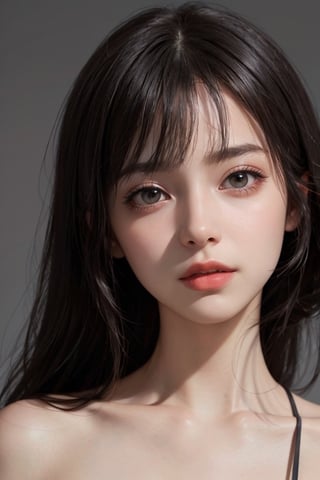 a 20 yo woman, dark hair, black hair, high contrast, (direct lighting, natural skin texture,  hyperrealism,  soft light,  sharp), chromatic_background, simple background, (((looking_at_viewer,  pov_eye_contact,  looking_at_camera,  headshot,  head_portrait,  headshot_portrait,  facing front))), big lips, looking_at_viewer,  pov_eye_contact,  looking_at_camera,  headshot,  head_portrait,  headshot_portrait,  facing front, Detailedface, Detailedeyes, 