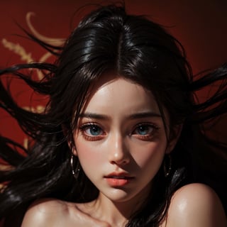 long hair,dark hair, black hair, bright colors, high contrast, (natural skin texture, hyperrealism, soft light, sharp),simple background, big eyes, perfect eyes,Detailedface,big lips,perfecteyes, red background,