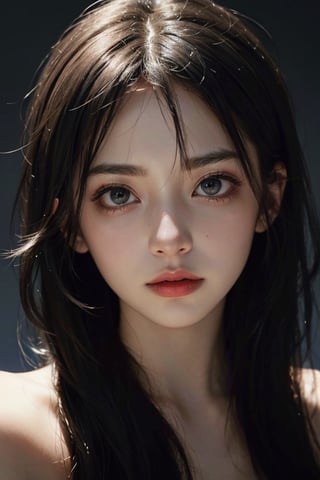 a 20 yo woman,long hair,dark theme, soothing tones, muted colors, high contrast, (natural skin texture, hyperrealism, soft light, sharp),chromatic_background,simple background,(((looking_at_viewer,  pov_eye_contact,  looking_at_camera,  headshot,  head_portrait,  headshot_portrait,  facing front))),big lips