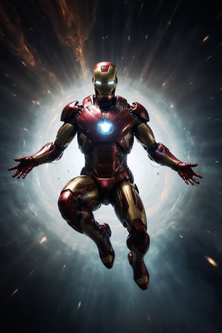 Cinematic shot of Iron Man, a god-like figure, levitating within the endless void of space. A black hole swirls ominously behind him, its immense gravity distorting the light around him. He spreads his arms wide, a gesture of both defiance and control. The scene is both terrifying and strangely beautiful, capturing the power of nature and the resilience of the human spirit. The art style is modern, with a mix of dark and ethereal colors. The image is rendered with extreme detail and high-quality processing, achieving a level of photorealism and cinematic quality that is truly mesmerizing.