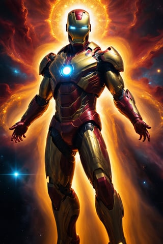 A god-like Iron Man, his form radiating with divine energy, stands against the backdrop of a swirling cosmic nebula. With a determined expression, he holds the sun in his outstretched hands, the immense power of the star coursing through his veins. The scene is rendered with incredible detail, from the intricate patterns on armor to the turbulent surface of the sun. The colors are vibrant and awe-inspiring, with the blazing yellow of the sun contrasting against the dark void of space. The image is meticulously processed, with realistic lighting and effects that make it seem like a photograph. The overall effect is cinematic, capturing the epic scale and grandeur of the moment.