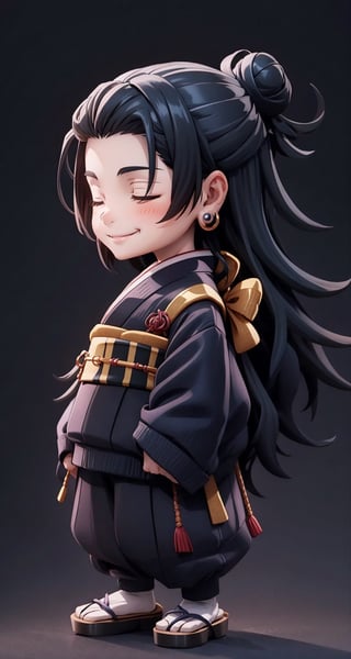 (Super Chibi) (Very Small Body) (Shame face) (black and silver background) (there are small lopes surrounding the character) (Dark), getou, long hair, looking at viewer, smile, , black hair, long sleeves, closed mouth, standing, jacket, closed eyes, white shirt, male focus, cowboy shot, japanese clothes, wide sleeves, kimono, hair bun, black eyes, black jacket, profile, ^_^, piercing, single hair bun, ear piercing, black kimono, hair pulled back, full_body