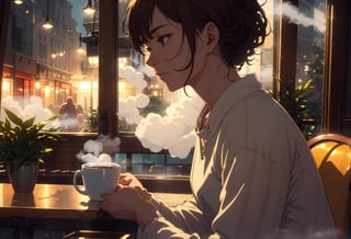 So,the final prompt would be:
"Close-up of a beautiful woman serene expression, holding a
steaming cup of coffee in a cozy coffee shop,peaceful atmosphere corner seat,introspective mood, cityscape outside the window,
bustling activity,tranquil oasis,
realistic,clear facial features,waist shot, cinematic lighting, soft
illumination,clean background,high resolution."