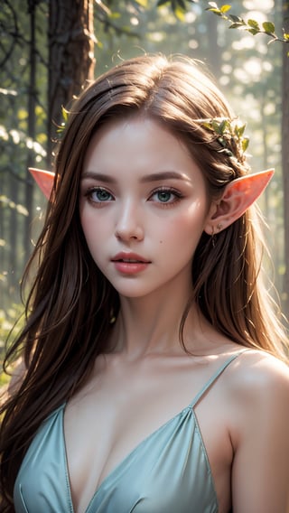 Masterpiece, top quality, realistic, low key, portrait of one is face, soft light, original photo, horizon studio, no windows, white background, only face, very detailed faces, lens 50mm F1.2, elf, elf girl, 1girl, light blue classical dress, 23 years old, 180cm, thin waist, slim body, waist length long curly hair, very long hair, brown hair, green eyes, small breasts, detailed skin, pores, white background, forest_elf, GdClth.,forest_elf