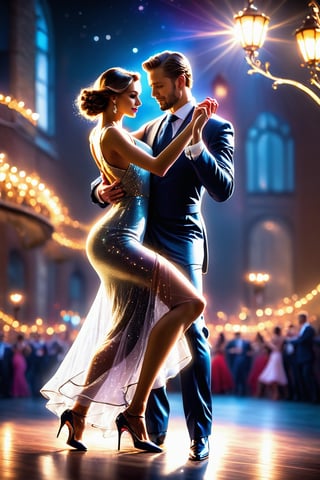 best quality, masterpiece, beautiful and aesthetic, 16K, (HDR:1.4), high contrast, bokeh:1.2, lens flare, (vibrant color:1.4),a girl in transparent long dress dance tango with a man in the moonlight, suit, elegant,high heels, seductive, (nsfw:1.0)