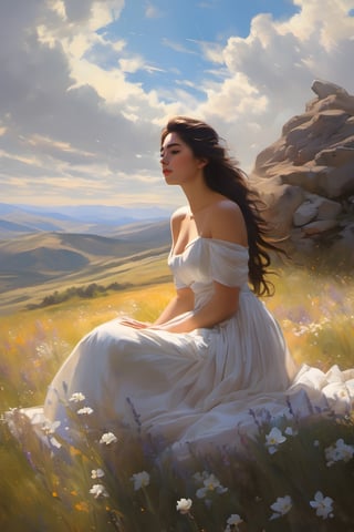 masterpiece, highest quality, high quality, highres,dramatic atmosphere, by Jeremy Lipking, by Antonio J. Manzanedo,extremely detailed wallpaper HIGH RES portrait ,exaggerated perspective, tyndall effect,((glow:1.3)),((Ultra-low saturation:1.3)), cinematic angle ,dramatic angle , (dynamic angle:1.3) , dynamic pose, cinematic lighting, cinematic atmosphere,detailed background, sideways, without looking at the lens, (from below), steppe, lawn, meadow, stone, hillside, mountain range, white flowers, lavender, sunlight, colorful clouds, sunlight through the clouds,light rays, 1girl, solo, beautiful, floating hair, long black hair, white vintage long dress, sitting on the ground, sitting on the ground with hands holding her legs, a white horse next to the girl,