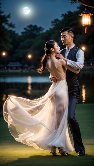 a chinese girl in transparent long white dress dance tango with a man in parklake in moonlight