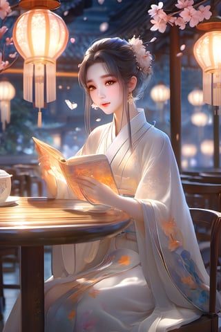  arien_hanfu, A girl sits in a café,her limbs translucent and glowing softly,drawing curious glances from those around her,Fluorescence