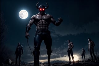 normal four men in a mountainous area, encounter a demon, the men are facing the demon, They look terrified as the full moon shines behind them, the demon that is floating in the air and has glowing eyes. The image is high quality and cinematic.