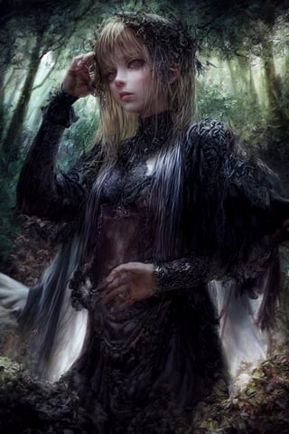 portrep photo, In a mystical and dark fantasy ambiance, please provide a thorough and elaborate description of a stable diffusion set within a forest. Concentrate specifically on a blonde Western Slavic girl, ensuring the response is clear, well-structured, and detailed to foster the most precise, comprehensive, and high-quality depiction.