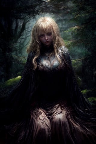 portrep photo, In a mystical and dark fantasy ambiance, please provide a thorough and elaborate description of a stable diffusion set within a forest. Concentrate specifically on a blonde Western Slavic girl, ensuring the response is clear, well-structured, and detailed to foster the most precise, comprehensive, and high-quality depiction.