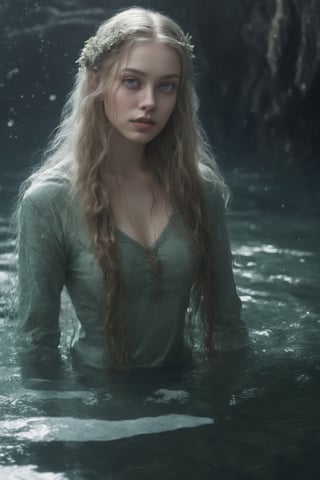 Vodyanitsa is a resident of rivers and other pools, Slavic mythology, beautiful, forever young girls, like mermaids. They have pale skin and hair with a greenish tint, a wet transparent long shirt, mill whirlpools,(detail), (complex), ( 8k), (perfect detail for the eyes), best quality, masterpiece, darkness, atmosphere