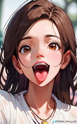 score_9,score_8_up,score_7_up, 1girl,long hair,looking at viewer,open mouth,brown hair,shirt,brown eyes,jewelry,white shirt,heart,teeth,tongue,tongue out,necklace,depth of field,blurry background,portrait,freckles,realistic