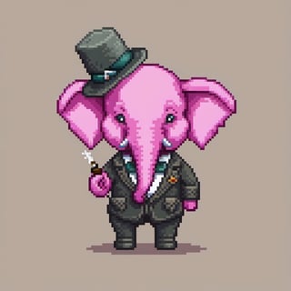pixel art, cartoon pink elephant in adventurer outfit and wearing a skullcap, smoking the pipe.