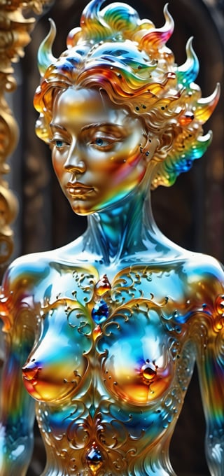 a close up of a statue of a woman, digital art, inspired by tomasz alen kopera, gothic art, intricate skeletal decorations, 8 k highly detailed, beautiful elegant demon queen, intricate body, beautiful detail and color, sylvain sarrailh and igor morski, intricate costume design, detailed body, ultra detailed artistic abstract photography of liquid lust, detailed captivating eyes on molten statue, asymmetrical, gooey liquid hair, highly refractive skin, Digital painting, colorful, volumetric lighting, High definition, detailed, realistic, 8k uhd, high quality