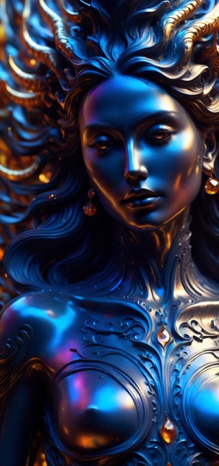 a close up of a statue of a woman, digital art, inspired by tomasz alen kopera, gothic art, intricate skeletal decorations, 8 k highly detailed, beautiful elegant demon queen, intricate body, beautiful detail and color, sylvain sarrailh and igor morski, intricate costume design, detailed body, ultra detailed artistic abstract photography of liquid lust, detailed captivating eyes on molten statue, asymmetrical, gooey liquid hair, highly refractive skin, Digital painting, colorful, volumetric lighting, High definition, detailed, realistic, 8k uhd, high quality,neon photography style,bingnvwang,mythical clouds,flmngprsn,DonMD3m0nXL 