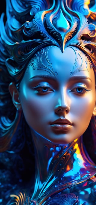 a close up of a statue of a woman, digital art, inspired by tomasz alen kopera, gothic art, intricate skeletal decorations, 8 k highly detailed, beautiful elegant demon queen, intricate body, beautiful detail and color, sylvain sarrailh and igor morski, intricate costume design, detailed body, ultra detailed artistic abstract photography of liquid lust, detailed captivating eyes on molten statue, asymmetrical, gooey liquid hair, highly refractive skin, Digital painting, colorful, volumetric lighting, High definition, detailed, realistic, 8k uhd, high quality,neon photography style