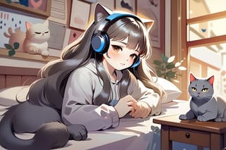 (1 beautiful long hair korean girl and 1gray British shorthair cat) relaxing in cozy bedroom listening to music, soft lighting, sharp focus, glitter in the air,(cat with headphones on ) lots of music Notes, bokeh, highly detailed, by Artgerm, trending on artstation, kawaii, intricate, iridescent, watercolor painting,p1c4ss0