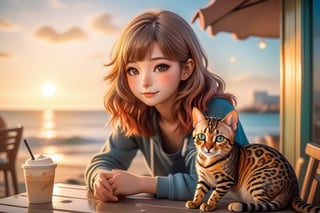 ( beautiful mid hair korean girl )with(  cute little small leopard print bengal cat) relaxing cafe next to the ocean beach in sunset listening to music, soft lighting, sharp focus, glitter in the air, bokeh, highly detailed, by Artgerm, trending on artstation, kawaii, intricate, iridescent, watercolor painting,p1c4ss0,chinese new year,,cinematic  moviemaker modern style ,Sharp eyes ,Gopn1k