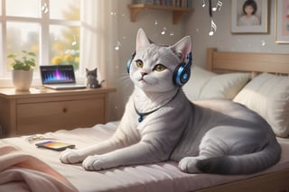beautiful korean girl and her British shorthair cat relaxing in cozy bedroom listening to music, soft lighting, sharp focus, glitter in the air,(headphones on cat) lots of music Notes, bokeh, highly detailed, by Artgerm, trending on artstation, kawaii, intricate, iridescent, watercolor painting