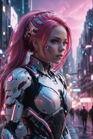 photography, woman as cyborg, walking into a city, long pink_hair, young, future city at night background, intricate, sharp focus, professional, unreal engine, extremly detailed, cinematic lighting, aesthetic, Detailedface