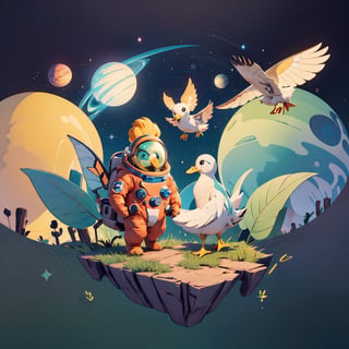 centered image, ultra detailed illustration, tetradic colors, whimsical, enchanting, fairy tale, ink lines:1.1, strong outlines, bold traces, high contrast, vector, 32k resolution, best quality, A cartoon duck in a shiny spacesuit with a helmet, flying in space with a backdrop of twinkling stars, comets, planets, and nebulae. The duck is holding a space flag, and in the distance, there's a space station. Other space creatures are seen interacting with the duck, all showing expressions of curiosity and wonder, centered image, ultra detailed illustration, posing, (tetradic colors), whimsical, enchanting, fairy tale, (ink lines:1.1), strong outlines, bold traces, unframed, high contrast, (cel-shaded:1.1), vector, 32k resolution, best quality, flat colors, flat lights, a full-bodied cartoon duck (not a human) wearing a shiny spacesuit with a helmet specifically designed for ducks, soaring through the cosmos with a backdrop of twinkling stars, comets, planets, and nebulae, holding a space flag, other space creatures seen interacting, expressions of curiosity and wonder.
,animal,