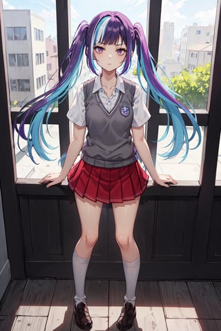 (masterpiece, top quality, best quality, official art, picture perfect, 8k:1.3), 1girl, solo, Yuki Himeno, Himeno Yuki, (looking at the viewer, full body shot, standing:1.3) (purple hair, blue hair, twintails, streaked hair, multicolored hair, blunt bangs:1.5), (purple eyes, shining purple eyes:1.3), (medium breasts, frown, closed mouth:1.1), (school uniform, red pleated skirt, grey sweater vest, white shirt, knee:1.25),
