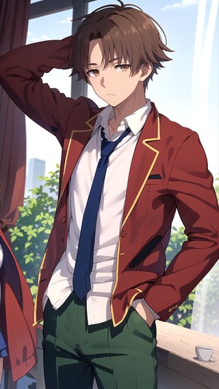 (masterpiece, best quality, sharp image, professional artwork:1.5), 1boy:1.5, solo, tall muscular guy, broad shoulders, handsome, angular jaw, thick neck, male focus, sole male, kiyotaka, (looking off to viewer, cowboy shot, hand in pocket, hand behind head:1.3), (apathetic, emotionless, expressionless:1.2), (curtain hairstyle, parted bangs, brown hair:1.3), (apathetic eyes, brown eyes, shining brown eyes:1.15), (ANHS uniform, school uniform, white shirt, red jacket, open jacket, blue necktie, green pants:1.15), 
,Kiyotaka