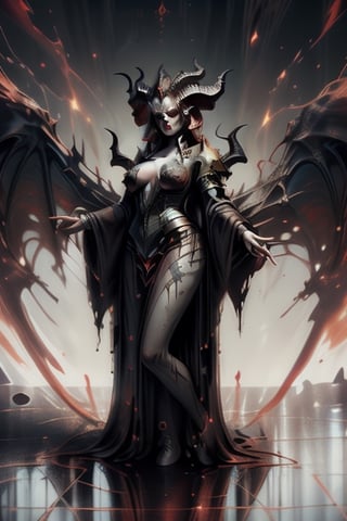 Full body image, beautiful demon with beautiful woman appearance, long red hair, two thick black horns at an angle pointing up.  large breasts, noticeable nipples, marked round tail.  Red metallic armor with furry white fur parts.
