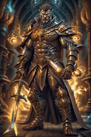 stocky young warrior, non-human, black tiger man with intense fire-colored veins.  wearing heavy silver armor with brown leather bindings.  a blue cape with gold details and a giant sword on his back.