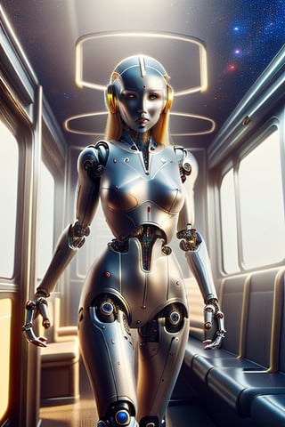 Beautiful feminine cybergirl, space traveler. Very tight clothes, perfect train. By Behind her face, her cybernetic robotic parts can be seen underneath her blonde hair